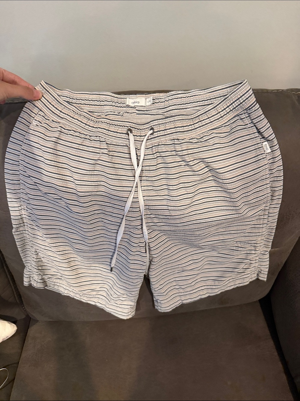 Onia Men's White Striped Drawstring Athletic Shorts